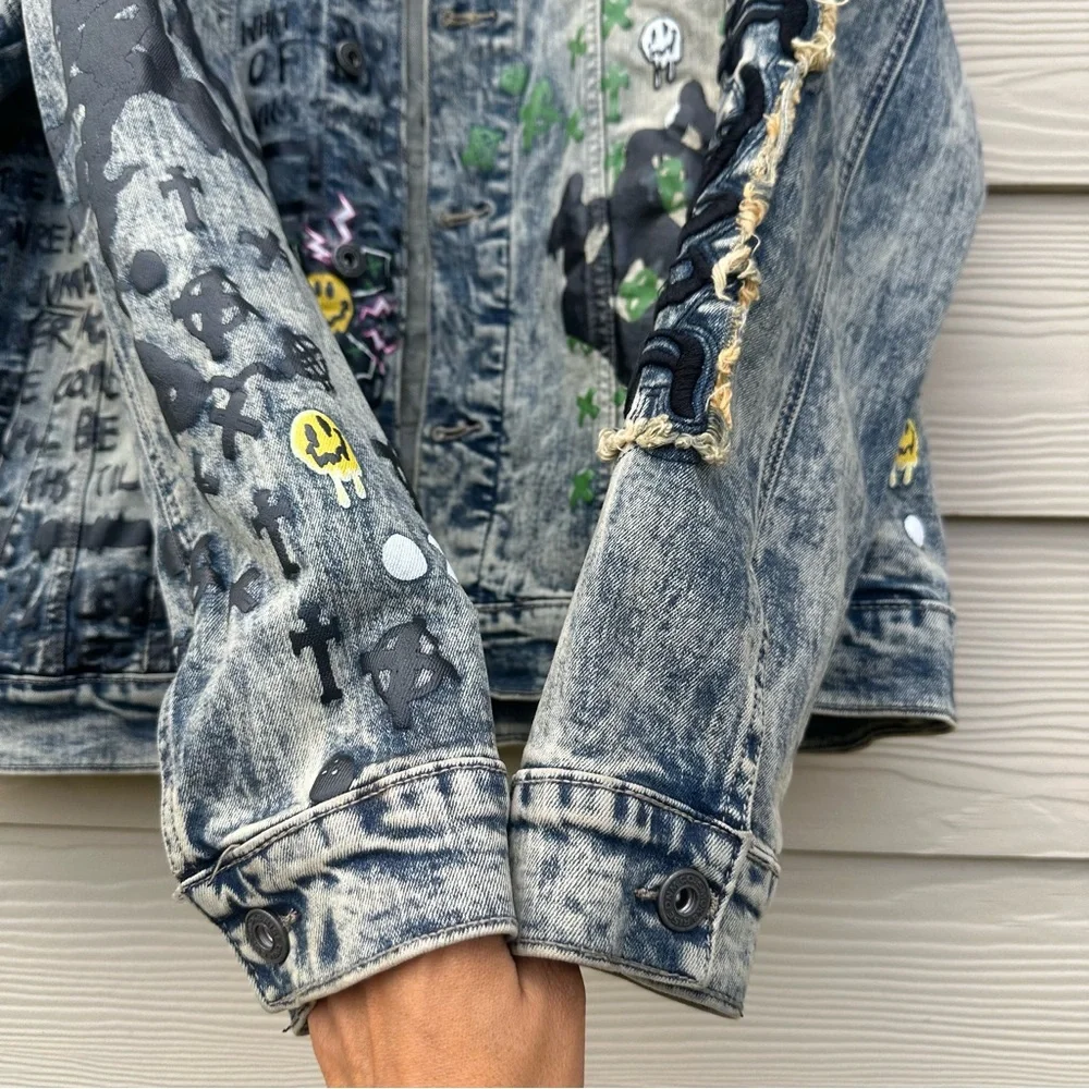 Smoke Rise Denim Jean Jacket Graffiti Streetwear‎ Distressed Stretch Men’s Large